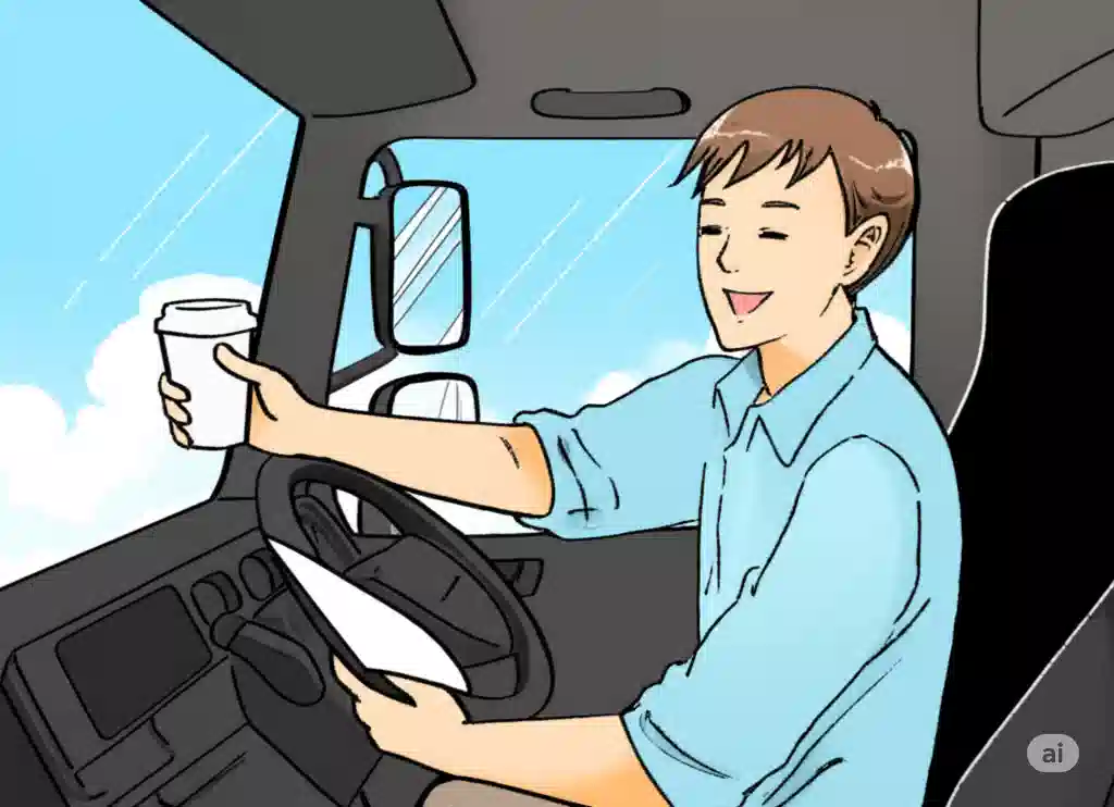 「ご安全に、トラドラ」を運営するトラックドライバーのKenさん。運転席で笑顔でコーヒーを片手に、ブログのネタを考えている様子のイラスト。